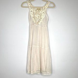 FREE PEOPLE Bali Boho Cream Gauzy Beaded Cotton Midi Dress Sz‎ 0